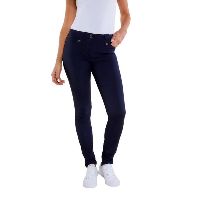 Navy blue Anatomie Skyler slim-fit travel pants in lightweight stretch fabric with button and snap closure details.
