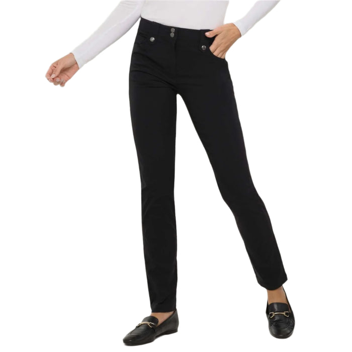 Anatomie Skyler black slim-fit travel pants in ultra-light stretch fabric with a mid-rise, fly-front, and snap details.