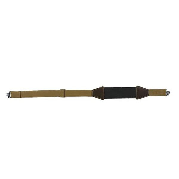 Tan rifle sling with brown buffalo leather accents, black non-slip pad, and adjustable strap for hunting.
