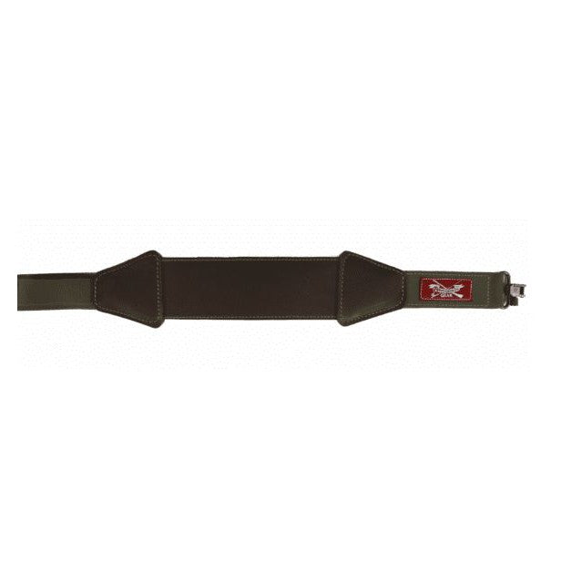 Armageddon Gear rifle sling featuring olive webbing, dark brown buffalo leather accents, and a red brand logo patch.
