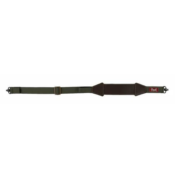 Olive green rifle sling with brown buffalo leather pad, thumb loop, and adjustable hardware for hunting.