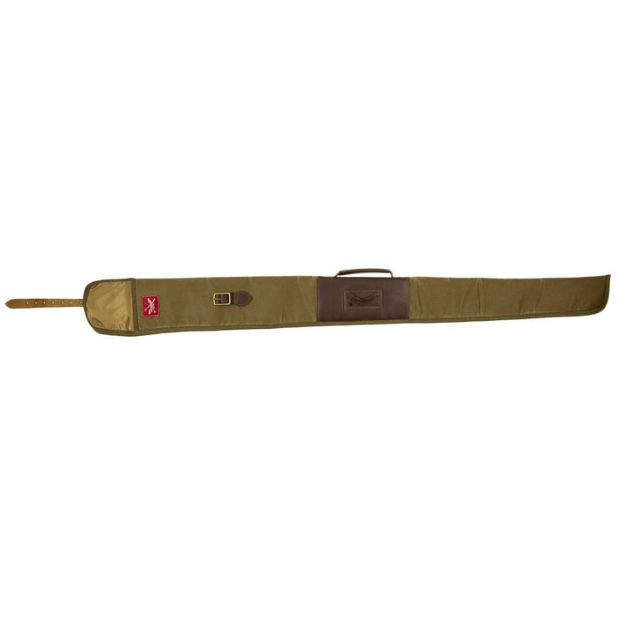 Olive waxed canvas shotgun case with brown leather accents, brass hardware, and a padded carrying handle.