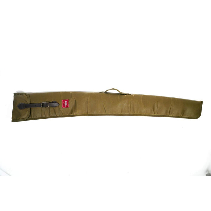Olive waxed canvas shotgun case with leather strap, brass buckle, and Armageddon Gear logo patch.