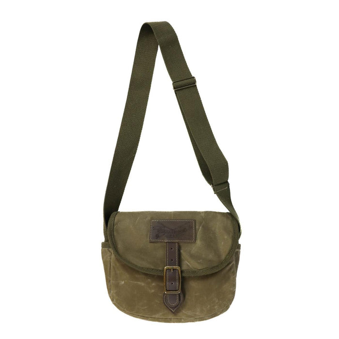 Olive green waxed canvas possibles bag with a brown leather strap, buckle closure, and adjustable shoulder strap.
