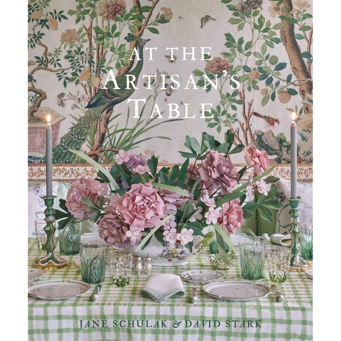 At The Artisan's Table book cover featuring a green gingham table setting with pink floral arrangements and chinoiserie wallpaper.