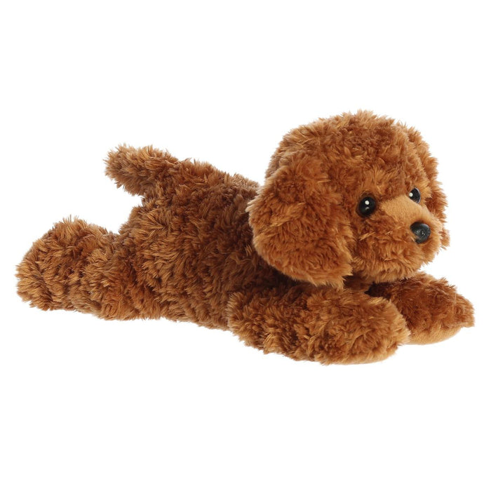 11-inch Aurora Flopsie Tucker plush dog with curly golden-brown fur in a resting pose.