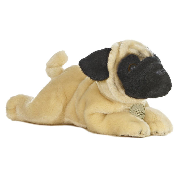 11-inch Aurora Flopsie plush pug dog in a resting pose with tan fur and a black face, designed for soft, huggable play.