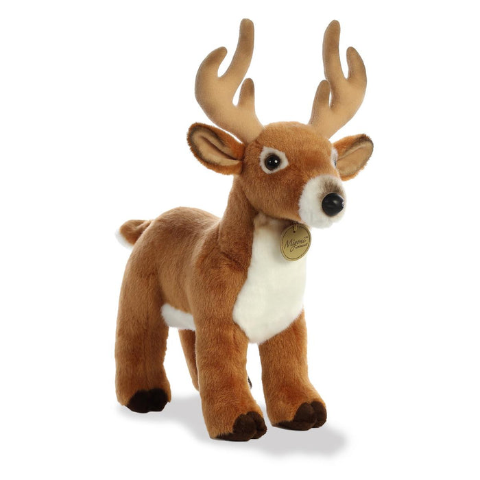 14-inch Aurora Miyoni plush deer with soft brown fur, cream-colored chest, and realistic felt antlers.