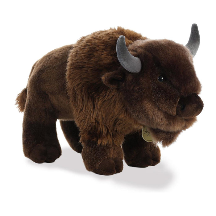 Aurora Miyoni 14-inch plush buffalo with soft brown fur, realistic features, and grey horns on a white background.