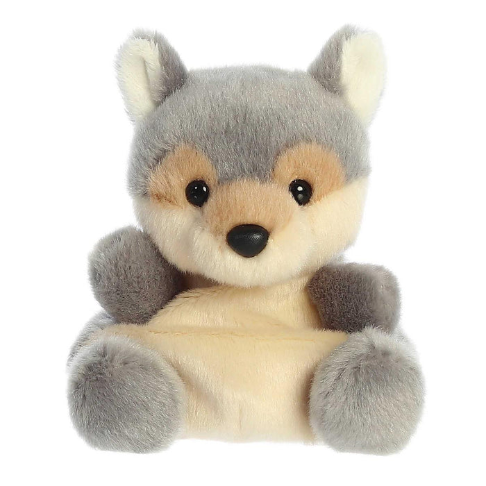 Aurora Miyoni 5-inch plush wolf with soft grey and cream fur, realistic features, and a bean-filled sitting design.