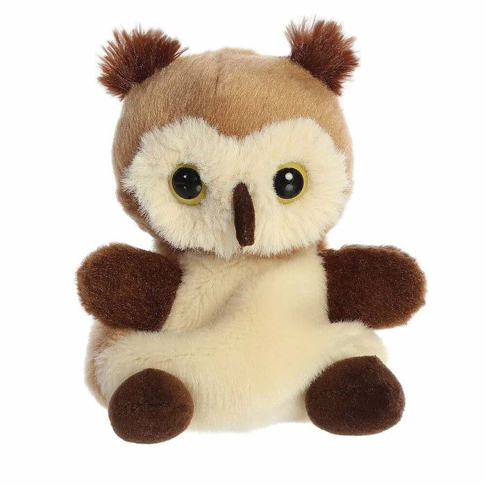 Small 5-inch Aurora Miyoni plush owl with soft brown and cream fur, tufted ears, and realistic dark eyes.