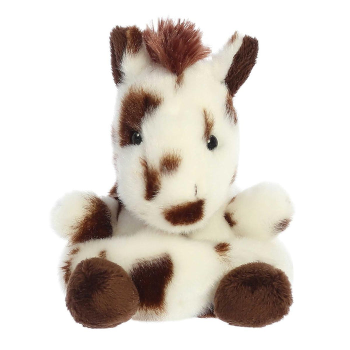 5-inch Aurora Miyoni plush horse with soft white and brown spotted fur and a brown mane, seated in a stable pose.