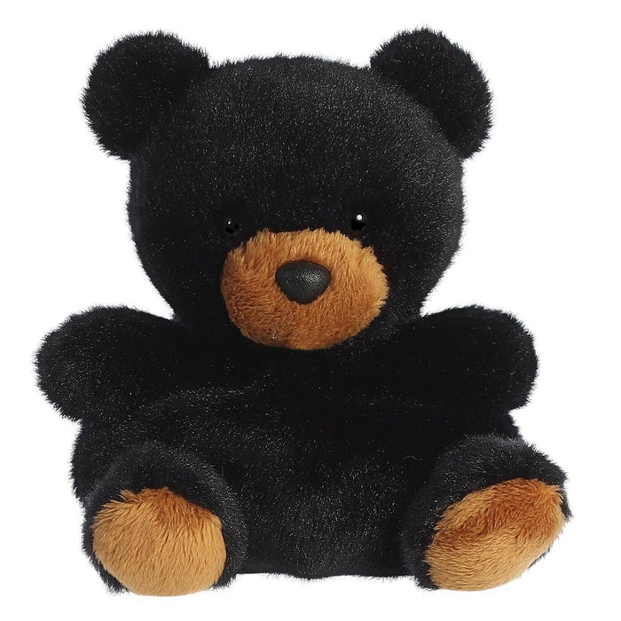 5-inch Aurora Miyoni plush black bear with soft fur, brown muzzle, and bean-filled base for stability.