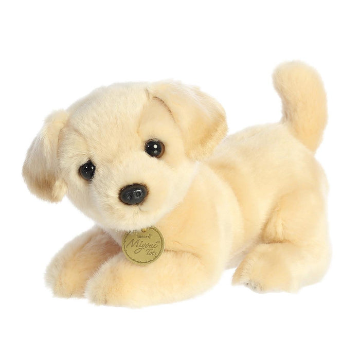 9-inch Aurora Miyoni plush golden retriever puppy with soft cream fur, dark eyes, and a branded gold hang tag.