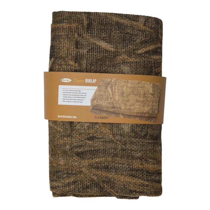 Avery 12-foot by 54-inch Realtree MAX-7 camo burlap fabric with a non-glare, durable finish for outdoor concealment.