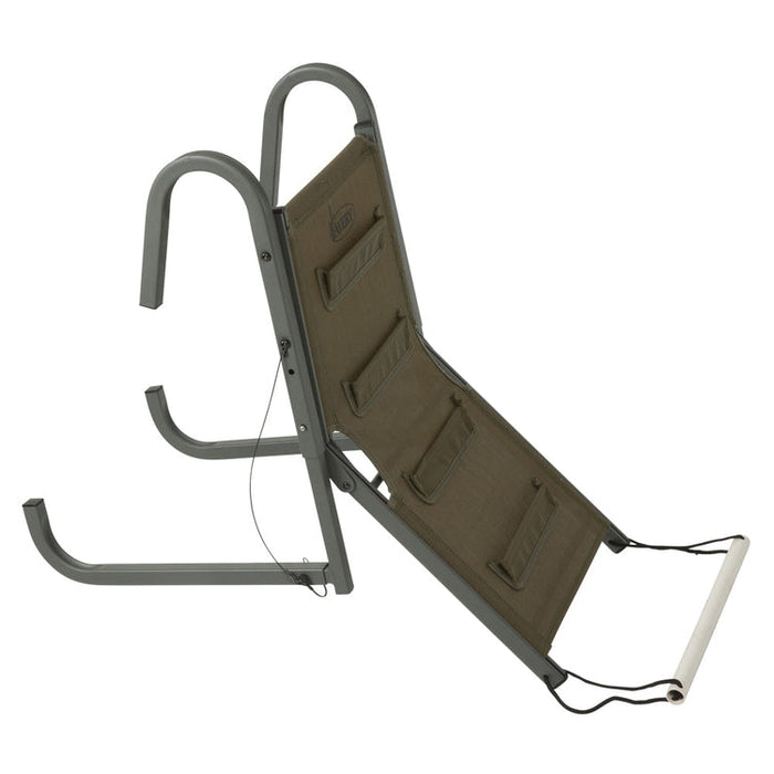 Foldable olive green Avery boat dog ramp with metal hooks and traction steps for easy retriever water access.