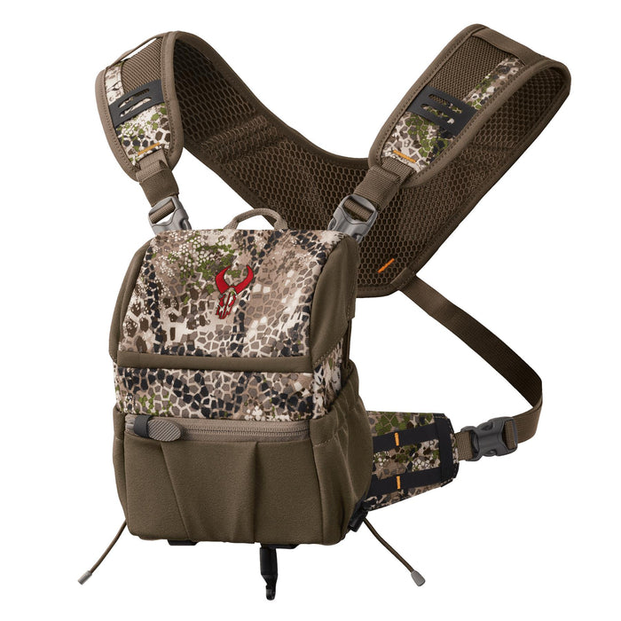 Badlands Bino Harness EZ in camo print with olive straps, mesh back panel, and front accessory pockets.