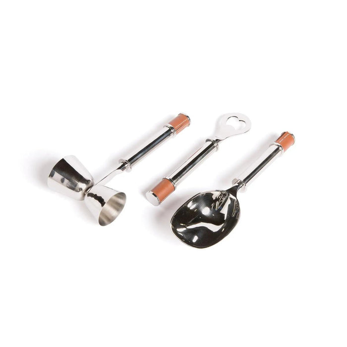 Cobra bar tool set with polished nickel finish and brown cigar leather-wrapped handles, including jigger, opener, and scoop.