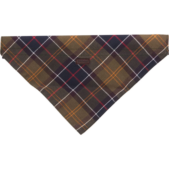 Triangular Barbour dog bandana in signature cotton tartan with a brown leather logo patch.