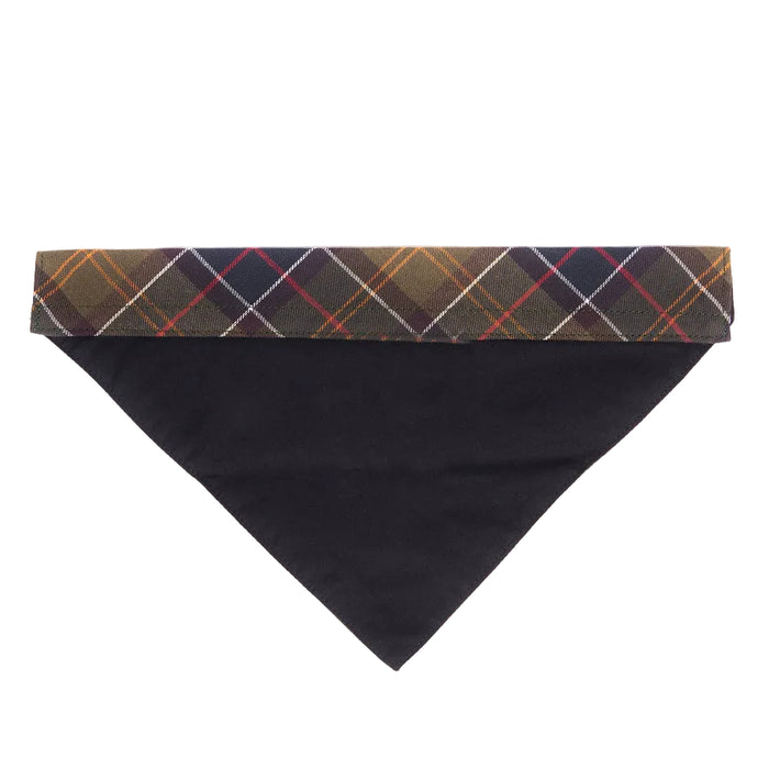 Barbour triangular dog bandana in signature cotton tartan print with a solid black reverse side.