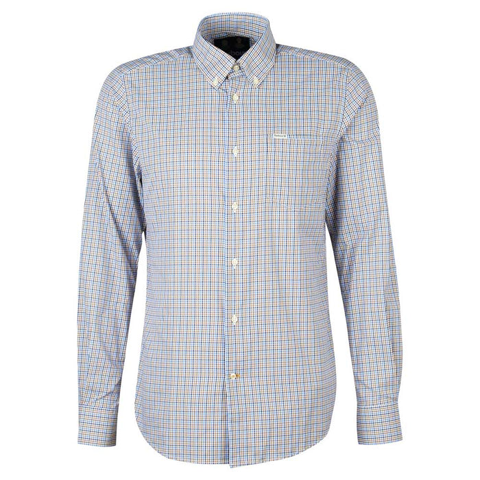 Barbour men's tailored long-sleeve performance shirt in a blue and brown tattersall check with a chest pocket label.