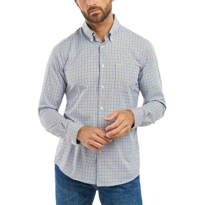 Barbour men's tailored tattersall performance shirt in blue and tan check with a button-down collar and chest pocket.