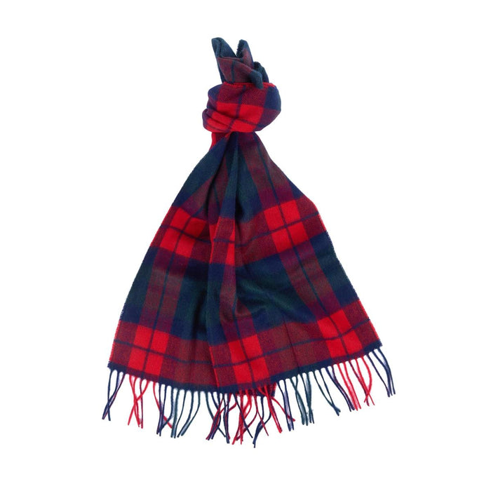 Barbour lambswool and cashmere tartan scarf in red and navy blue with a fringed hem on a white background.