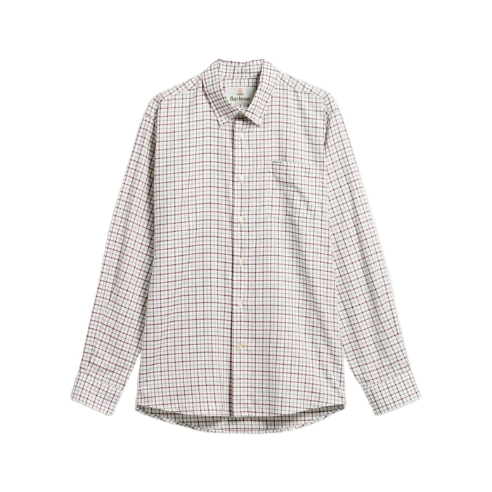Barbour Preston long-sleeve shirt in white cotton twill with a classic red and navy tattersall check pattern.