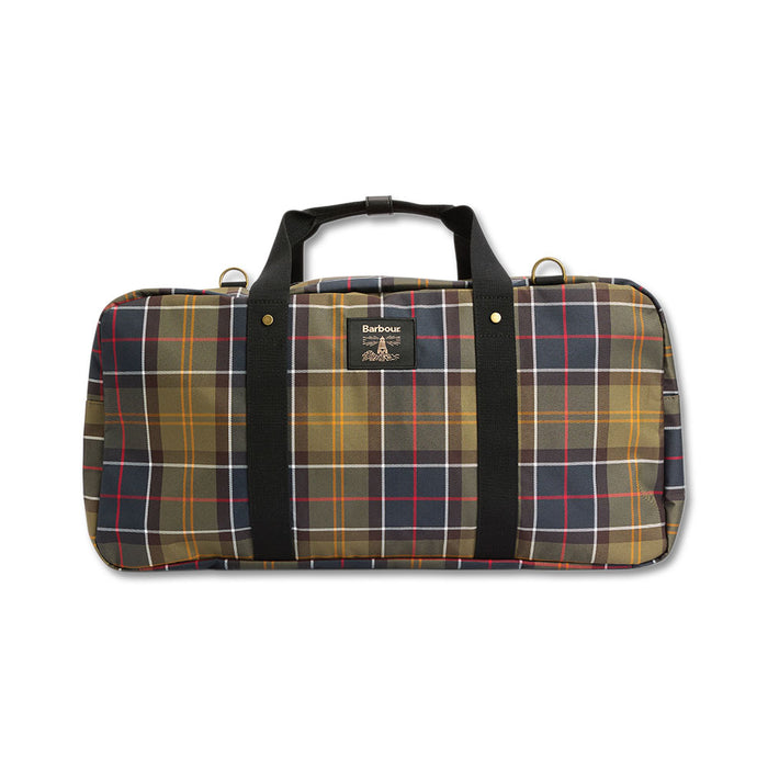 Barbour Torridon holdall in classic tartan print with black webbing handles and a front logo badge.