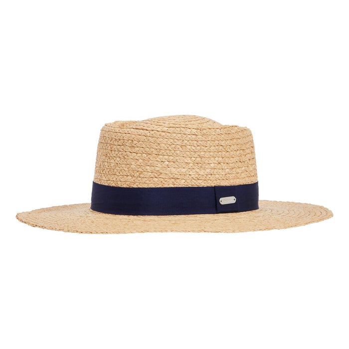 Barbour Lily straw boater hat with a navy blue grosgrain ribbon band and a small metallic logo plaque.