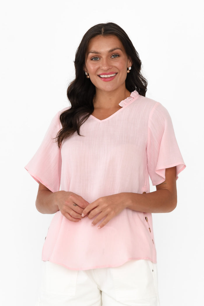 Bari Blush Linen Button Top,Brunette model,alt text|model:Brontie