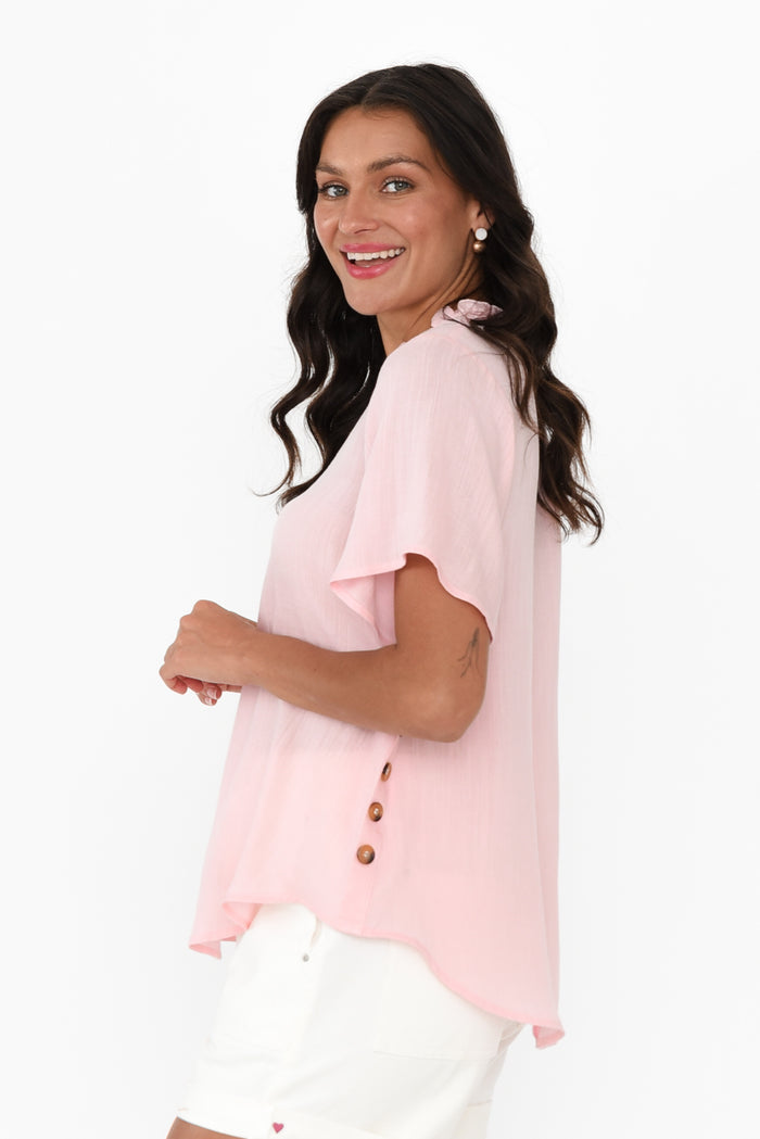Bari Blush Linen Button Top,Brunette model,alt text|model:Brontie