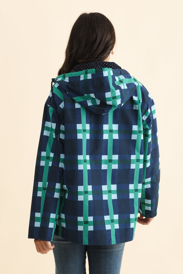 Bari Navy Check Raincoat,Brunette model,alt text|model:Brontie