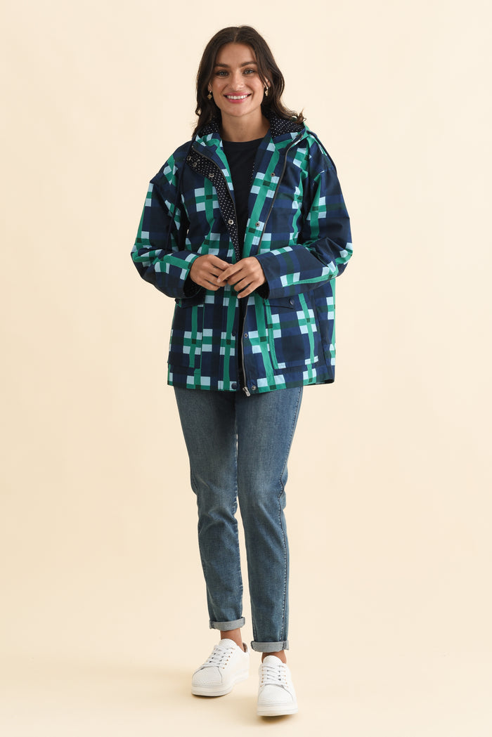Bari Navy Check Raincoat,Brunette model,alt text|model:Brontie