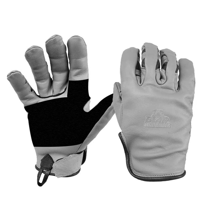 Bear Knuckles goatskin leather work gloves with reinforced black palms and adjustable hook and loop wrist straps.
