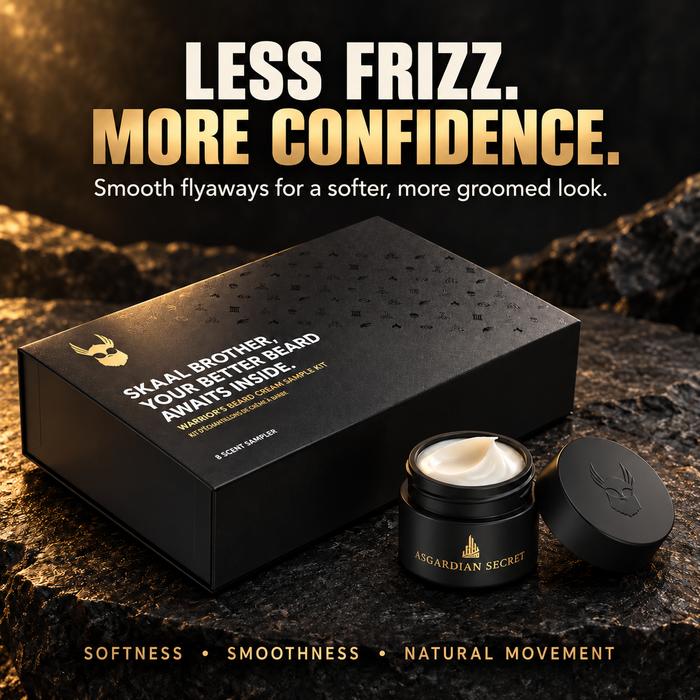 Beard Cream Sampler Kit box with an open Asgardian Secret cream sample jar on dark rock, headline Less Frizz More Confidence