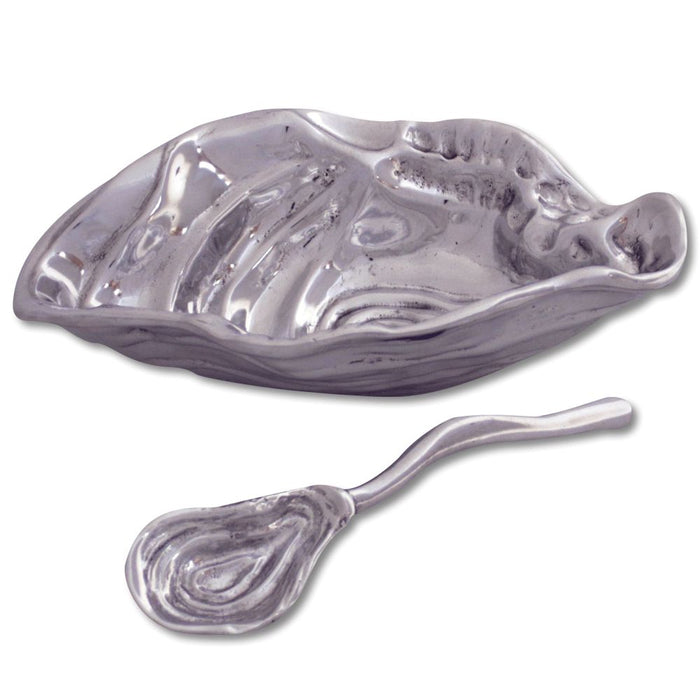 Beatriz Ball small silver aluminum oyster-shaped bowl with a matching sculptural serving spoon.