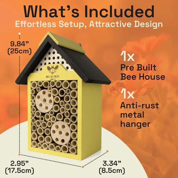Bee House (Includes Shipping) with pre-built design and anti-rust metal hanger for attracting pollinators.