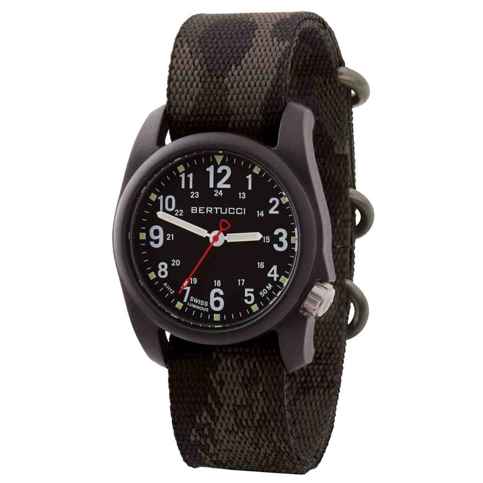 Bertucci DX3 camo watch with a black unibody case, luminous dial, and durable 2-ply military-style camo webbing strap.
