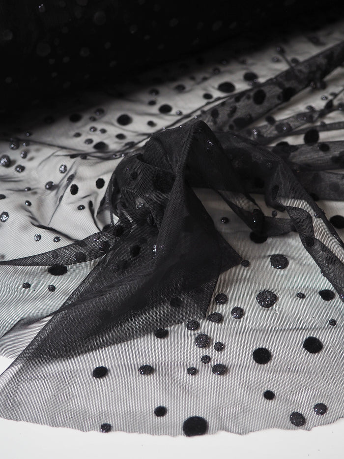 Black Flocked Dot Stretch Tulle