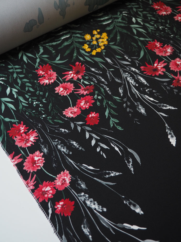 Black Floral Stretch Satin-Backed Crepe Panel