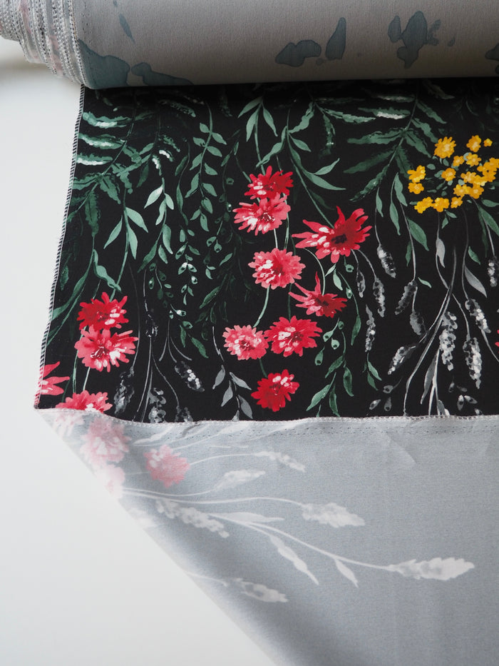 Black Floral Stretch Satin-Backed Crepe Panel