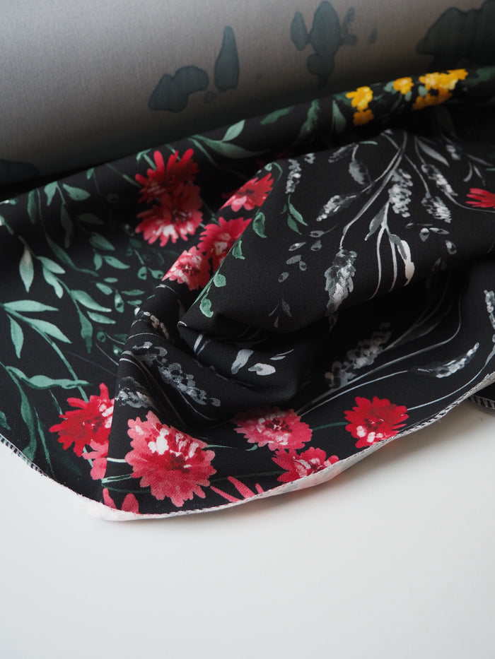 Black Floral Stretch Satin-Backed Crepe Panel