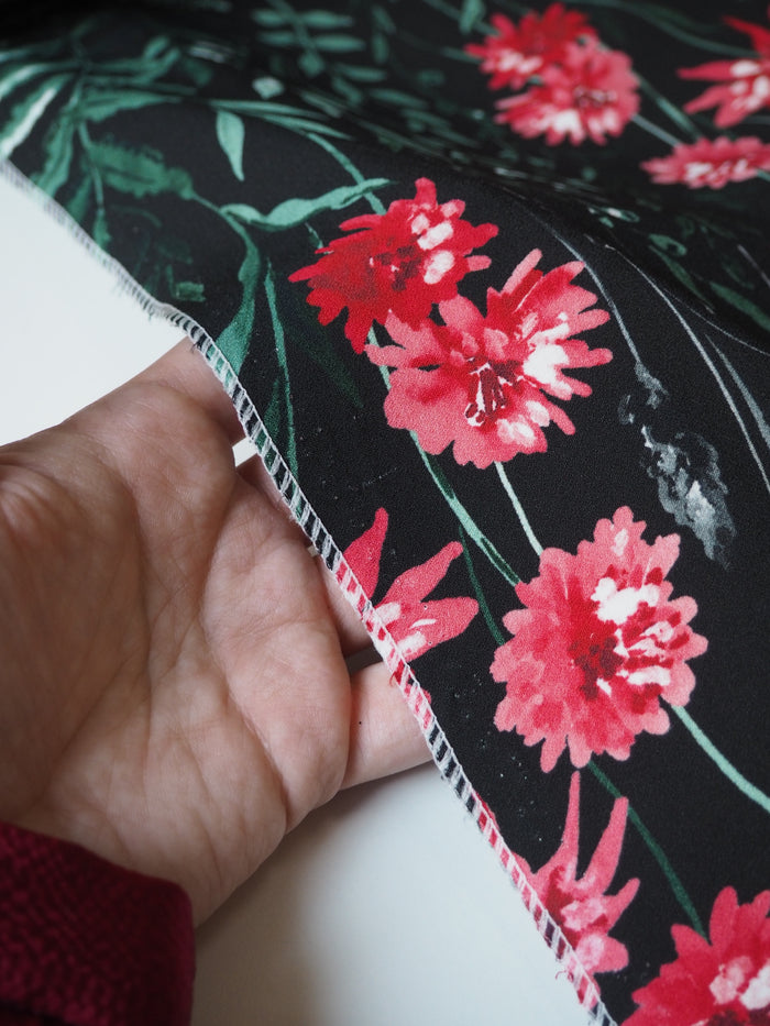 Black Floral Stretch Satin-Backed Crepe Panel