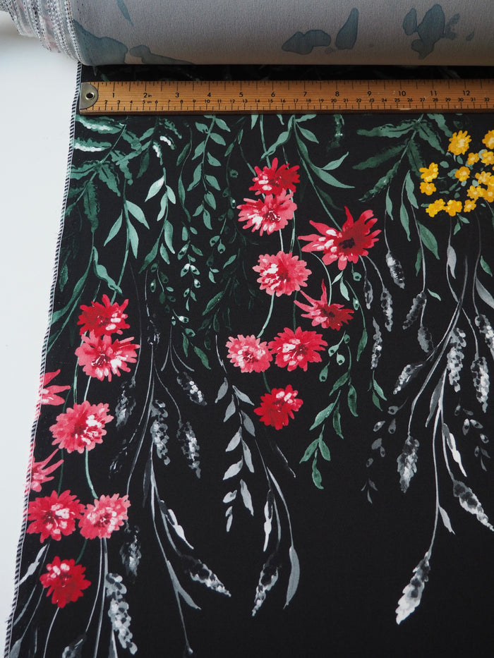 Black Floral Stretch Satin-Backed Crepe Panel