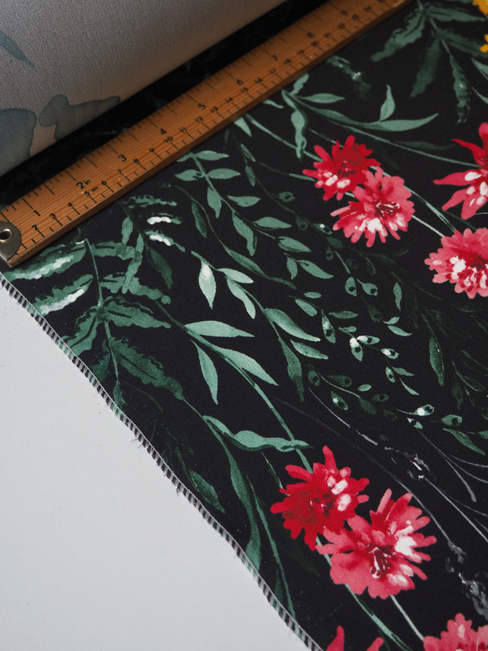 Black Floral Stretch Satin-Backed Crepe Panel