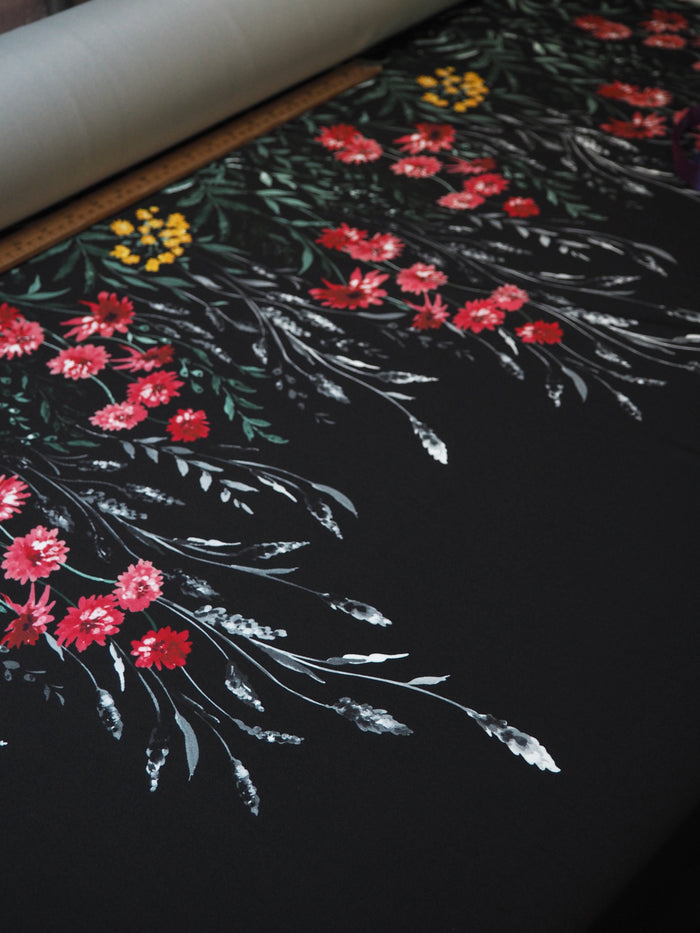 Black Floral Stretch Satin-Backed Crepe Panel