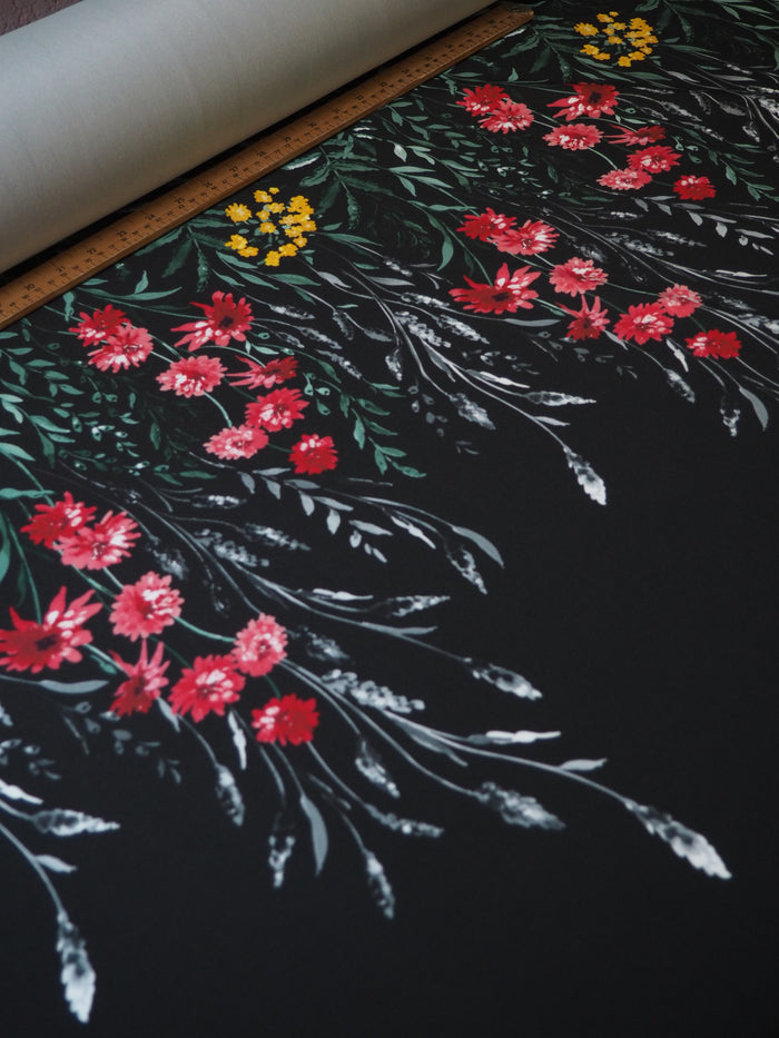 Black Floral Stretch Satin-Backed Crepe Panel