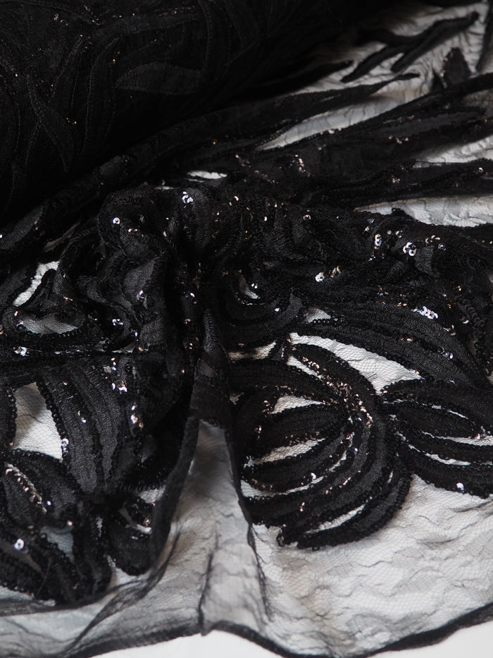 Black Trailing Vine Embroidered Sequin Lace