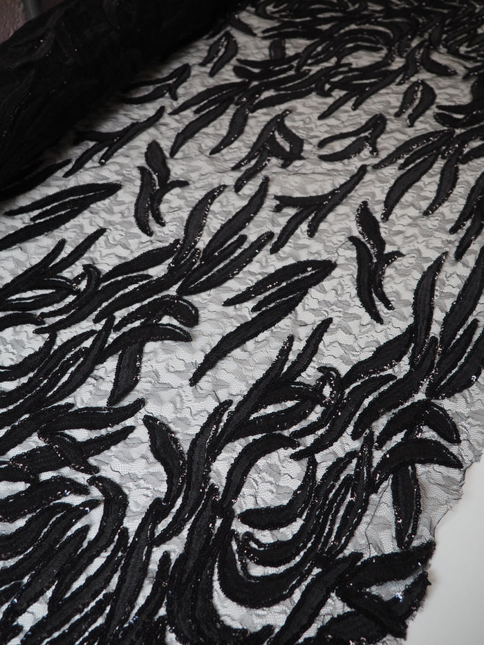 Black Trailing Vine Embroidered Sequin Lace